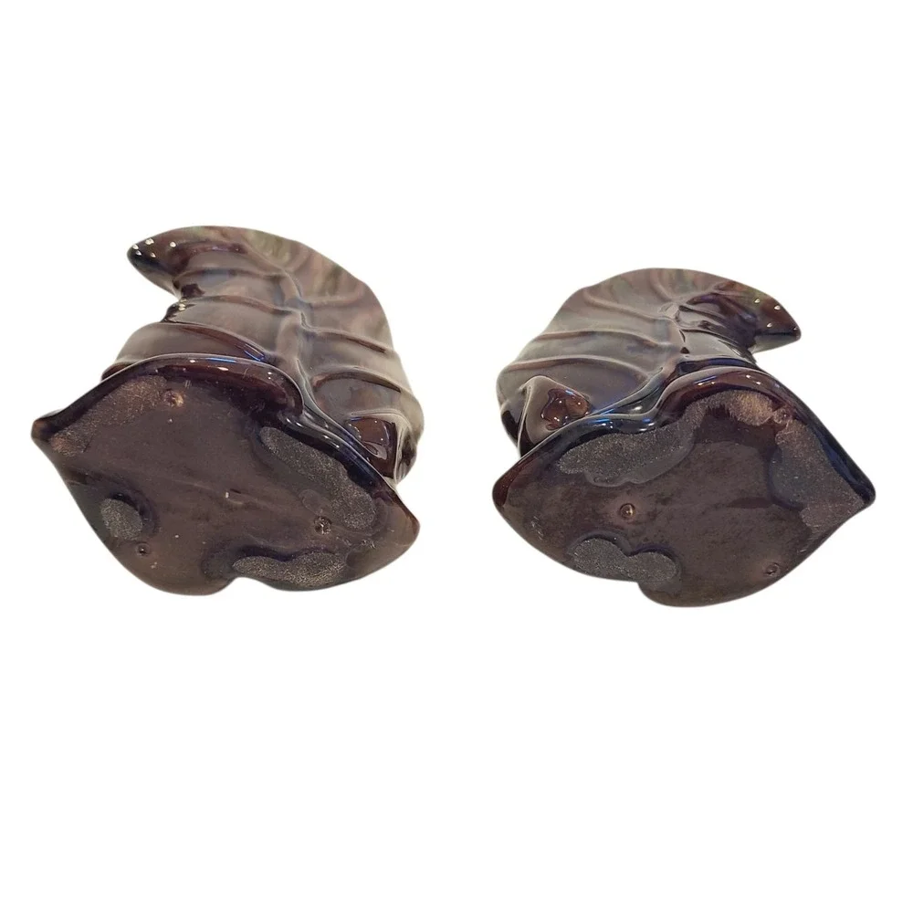 Pair of MCM Royal Haeger Brown Green Briar Agate Leaf‎ Pottery Vase 6